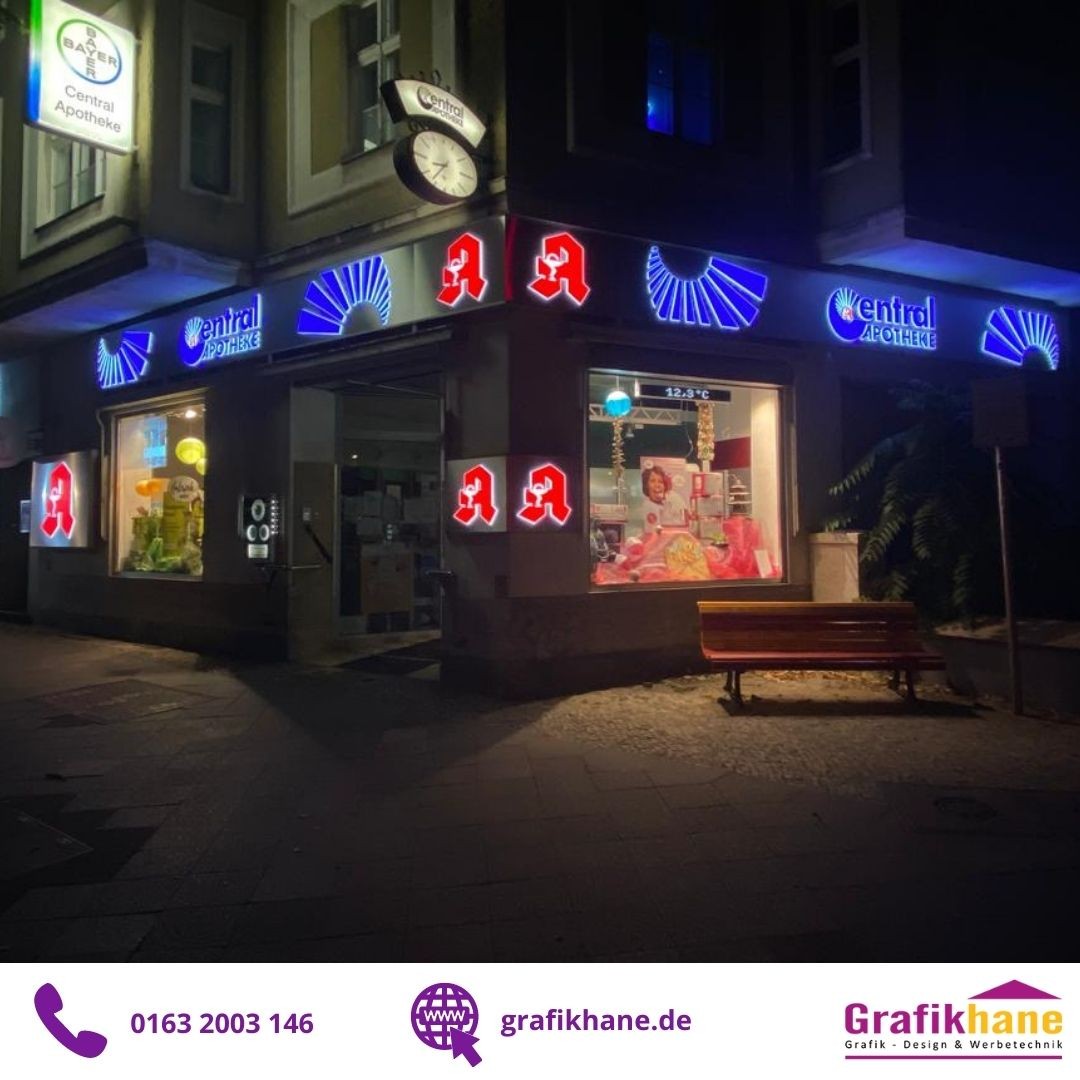 Grafikhane Werbetechnik Berlin – Leuchtwerbung der Central Apotheke.